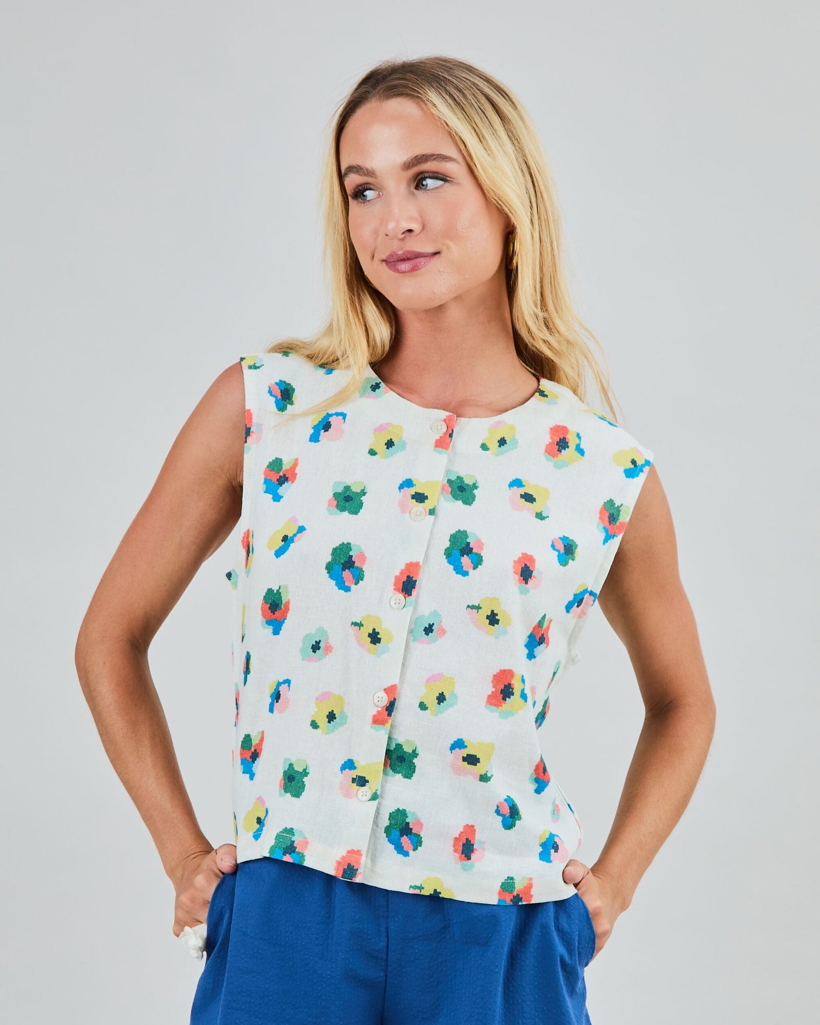Mini Flower Button Up Blouse Ecru