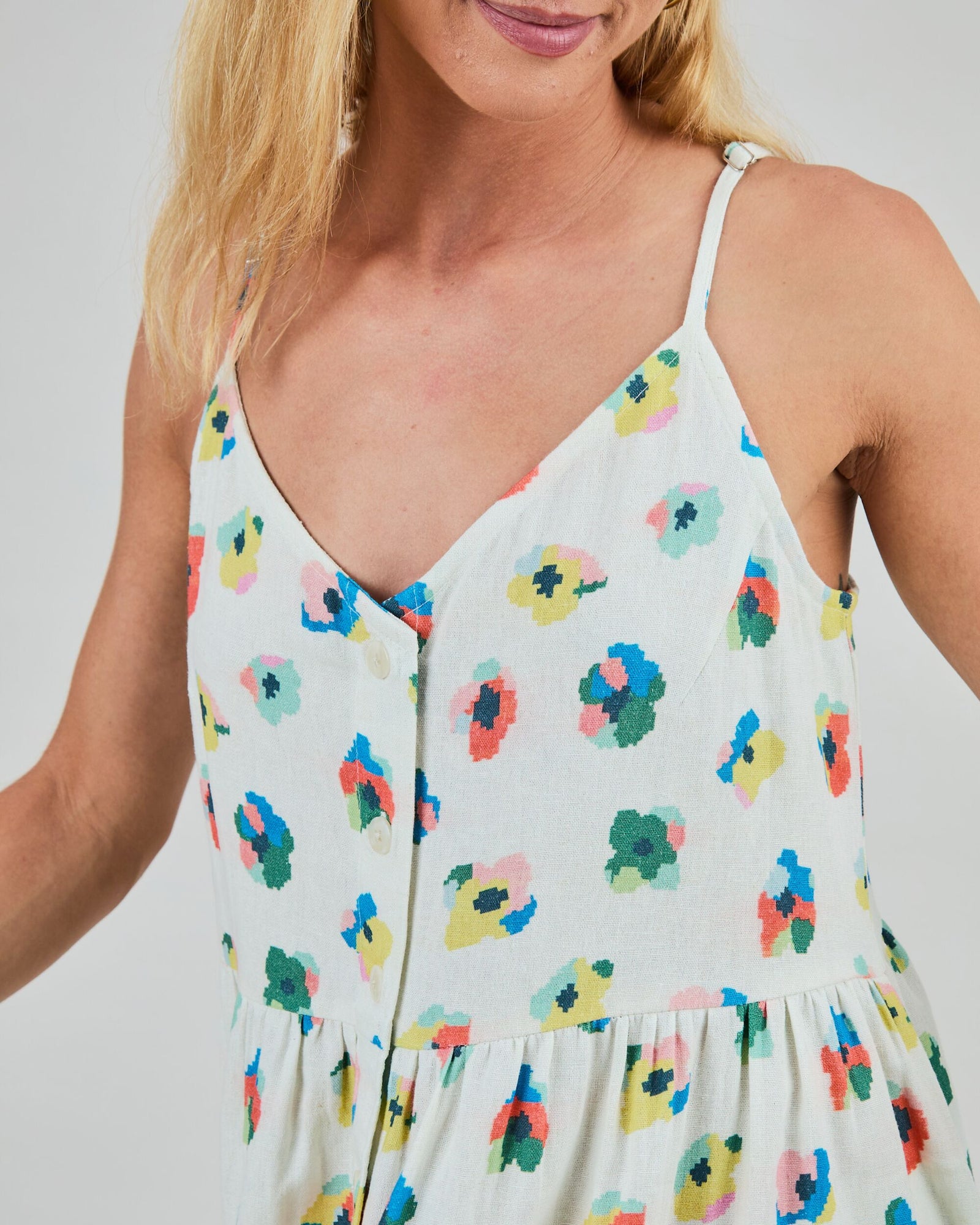 Mini Flowers Strappy Loose Dress Ecru